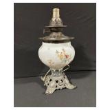 Antique Floral Porcelain Oil Lamp with Ornate Metal Base