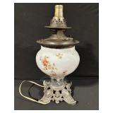 Antique Floral Porcelain Oil Lamp with Ornate Metal Base