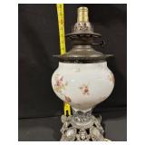 Antique Floral Porcelain Oil Lamp with Ornate Metal Base