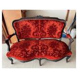 Antique Velvet Damask Settee with Carved Black Frame