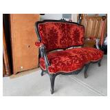 Antique Velvet Damask Settee with Carved Black Frame