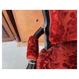 Antique Velvet Damask Settee with Carved Black Frame