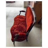 Antique Velvet Damask Settee with Carved Black Frame