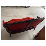 Antique Velvet Damask Settee with Carved Black Frame