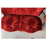 Antique Velvet Damask Settee with Carved Black Frame