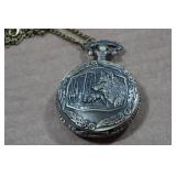 Vintage Bronze Look Wolf Head Pocket Watch with 18" Chain