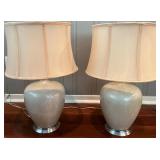 SR - Pair of Table Lamps with Cream Ceramic Base and Fabric Shades