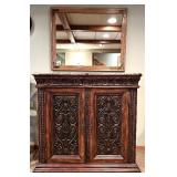 LL - Elegant Carved Wood Buffet with Marble Top and Matching Mirror