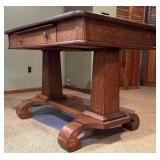 LL - Vintage Solid Quarter Sewn Oak Double Pedestal Desk