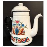 LL - Vintage Berggren Designed Enamel Teapot and Decorative Tile Set