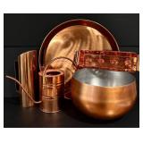 LL - Set of Copper Finish Entertaining Pieces - Platter, Punch Bowl, Pitcher, Water Can, Candle Holders