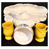 LL - Ceramic Kitchenware Set with Leaf Platter, Lidded Tureen, and Yellow Mugs