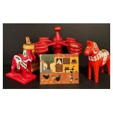 LL - Vintage Swedish Wooden Decor Collection with Dala Horses and Candleholder