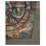 ML - Framed Embroidered Ethnic Textile and Wheel of Life Print Art Set