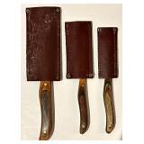 K - Set of 3 Vintage New West KnifeWorks Knives with Leather Sheaths