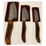 K - Set of 3 Vintage New West KnifeWorks Knives with Leather Sheaths