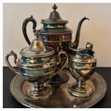 LR - 4-Piece Vintage Silver-Plated Tea Set with Tray and Lidded Sugar Bowl, Moore & Co