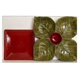 DR - Haeger Green Divided Pottery Platter with Red Center Bowl and Pier One Red Salad Plate
