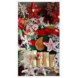 LR - Large Assortment of Christmas Decor with Ornaments, Bows, and Figurines