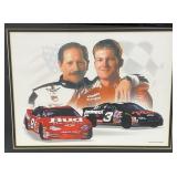 Collectible Dale Earnhardt And Dale Earnhardt Jr Framed Behind Glass Print 19" x 23 1/2"