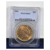 1895 GOLD $20 DOLLAR LIBERTY HEAD DOUBLE EAGLE COIN PCGS MINT STATE 61