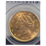 1895 GOLD $20 DOLLAR LIBERTY HEAD DOUBLE EAGLE COIN PCGS MINT STATE 61