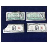 2 - U.S. 2 Dollar Red Seal Bill & 2 Canadian 1 Dollar Bills - see description for more info