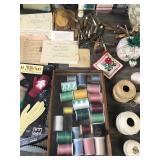 Quilting Books - Sewing Thread - Crochet Cotton - Needles - Small & Large Pin Cushion - Thimble - Vintage Wooden Bobbins and More