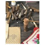 Quilting Books - Sewing Thread - Crochet Cotton - Needles - Small & Large Pin Cushion - Thimble - Vintage Wooden Bobbins and More
