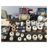 Quilting Books - Sewing Thread - Crochet Cotton - Needles - Small & Large Pin Cushion - Thimble - Vintage Wooden Bobbins and More