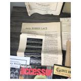 Quilting Books - Sewing Thread - Crochet Cotton - Needles - Small & Large Pin Cushion - Thimble - Vintage Wooden Bobbins and More