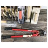 Large Wooden Tool Box with Concrete Tools and Lock Cutter