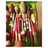 Box of vintage cork, wood and plastic fishing bobbers