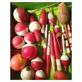 Box of vintage cork, wood and plastic fishing bobbers