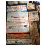 Box of vintage spinners and hooks on original cards and more
