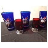 3 Labatt Blue cobalt blue glasses and 2 small red glasses