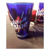 3 Labatt Blue cobalt blue glasses and 2 small red glasses