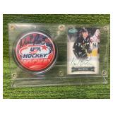 USA Hockey Neal Broten Autographed Puck with Autographed Card