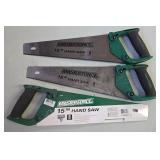 G - Hand Tool Lot with 3 Masterforce Hand Saws, Mallets, Hammers, and Metal Square