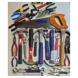 G - Collection of Hand Tools Including Hammers, Wrenches, Pliers, and Irwin Handsaw