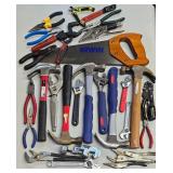 G - Collection of Hand Tools Including Hammers, Wrenches, Pliers, and Irwin Handsaw