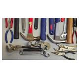 G - Collection of Hand Tools Including Hammers, Wrenches, Pliers, and Irwin Handsaw