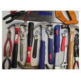 G - Collection of Hand Tools Including Hammers, Wrenches, Pliers, and Irwin Handsaw