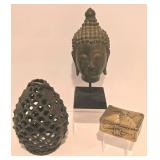 LL-CL - Decorative Bronze Buddha Bust, Cast Iron Pine Cone Candle Holder, and Brass Betel Box Set