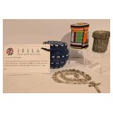 LL-TR - Set of 3 African Beaded & Woven Art Pieces: Jella Bowl, Multicolored Canister, Metal Wire Rosary with Case