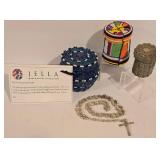 LL-TR - Set of 3 African Beaded & Woven Art Pieces: Jella Bowl, Multicolored Canister, Metal Wire Rosary with Case