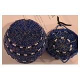 LL-TR - Set of 3 African Beaded & Woven Art Pieces: Jella Bowl, Multicolored Canister, Metal Wire Rosary with Case