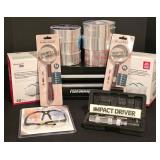 G - Workshop Lot with Metal Tool Organizer, Safety Gear, Tape, Magnifiers, Impact Driver Kits