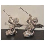 S - Pair of Department 56 Silver Cherub Trumpet Figurines