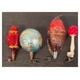 S - Set of 4 Vintage Glass Clip Ornaments including Santa, Globe, Mushroom and Lumberjack